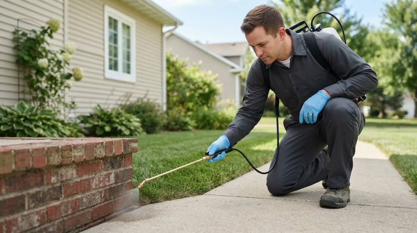 Pest control technician treating a home near Rehoboth Beach, DE